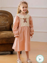 1pc Girls' Peter Pan Collar Bear Embroidered Long Sleeve Pink Collar Princess Dress, Autumn